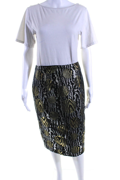 Bibhu Mohapatra Womens Metallic Jacquard Pencil Skirt Black Silver Gold Size 6