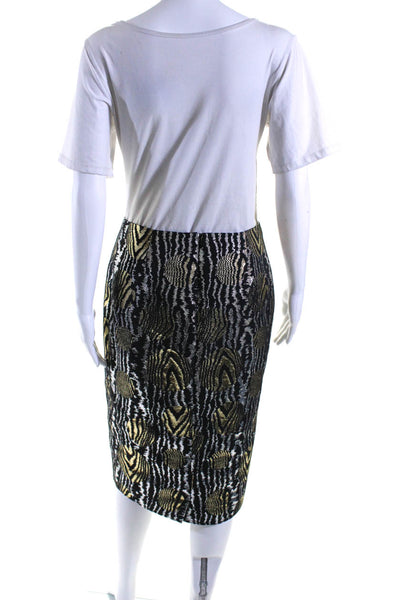 Bibhu Mohapatra Womens Metallic Jacquard Pencil Skirt Black Silver Gold Size 6