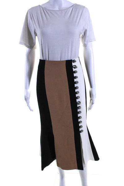 David Koma Womens Color Block Midi Flare Button Skirt Black White Tan Size 10