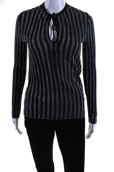 Stella McCartney Womens Tie Neck Metallic Knit Stripe Sweater Blouse Silver FR40