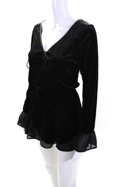 Band of Gypsies Womens Lace Up V Neck Long Sleeve Velvet Romper Black Size Small