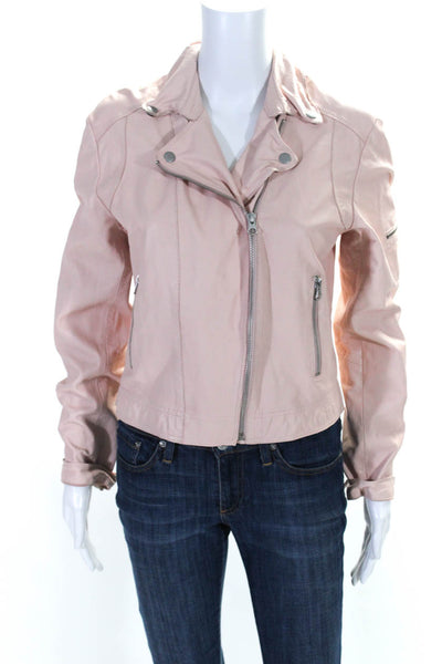 C'est Fini Womens Leather Silver Tone Hardware Biker Jacket Pink Size L