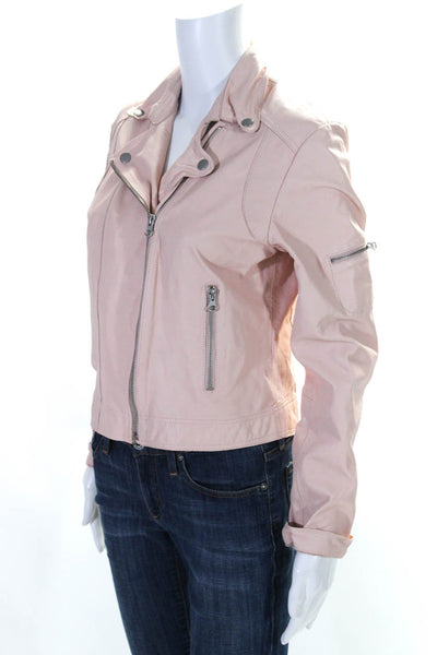 C'est Fini Womens Leather Silver Tone Hardware Biker Jacket Pink Size L