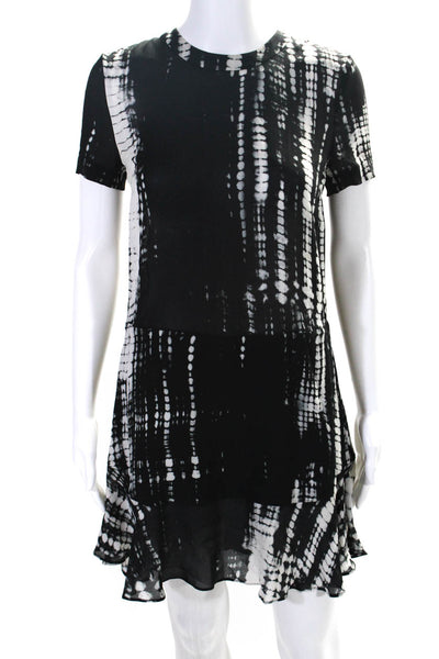 A.L.C. Womens Silk Tie Dye Round Neck Short Sleeve Mini Dress Black Size 0