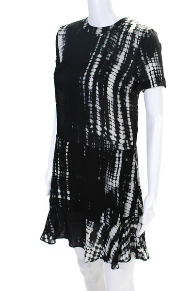 A.L.C. Womens Silk Tie Dye Round Neck Short Sleeve Mini Dress Black Size 0