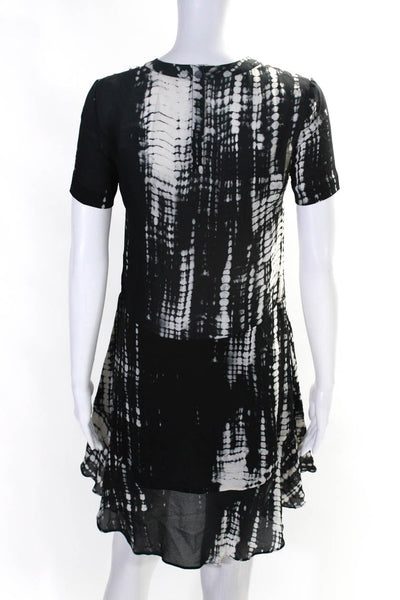 A.L.C. Womens Silk Tie Dye Round Neck Short Sleeve Mini Dress Black Size 0