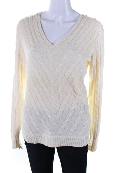 Ralph Lauren Black Label Womens Cashmere Cable Knit V-Neck Sweater Beige Size M