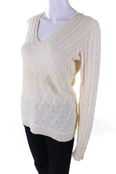 Ralph Lauren Black Label Womens Cashmere Cable Knit V-Neck Sweater Beige Size M