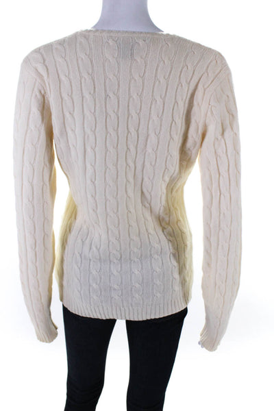 Ralph Lauren Black Label Womens Cashmere Cable Knit V-Neck Sweater Beige Size M