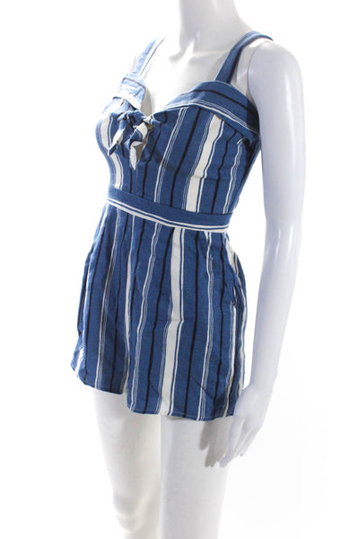 Lost + Wander Womens Linen Striped Tie Front Sleeveless Mini Romper Blue Size XS