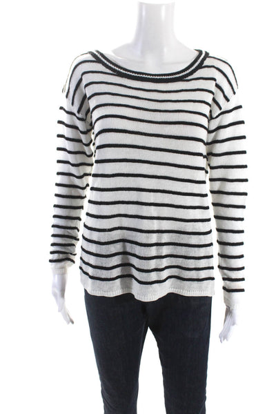 Alice + Olivia Womens Linen Knit Striped Long Sleeve Sweater Top White Size XS