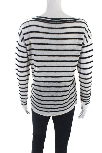 Alice + Olivia Womens Linen Knit Striped Long Sleeve Sweater Top White Size XS