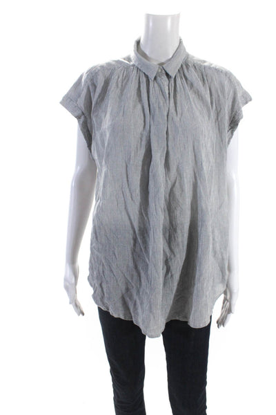 Nili Lotan Womens Cotton Striped Collared Short Sleeve Blouse Top White Size M