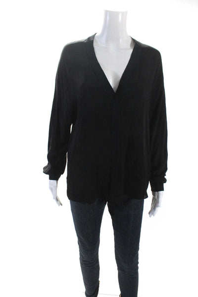 Vince Womens Silk V-Neck Long Sleeve Pullover Blouse Top Black Size M