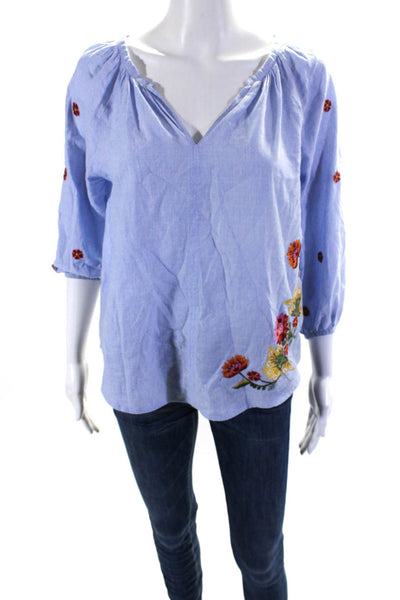 Velvet Women's Round Neck Embroidered Long Sleeves Blouse Blue Size XS