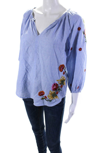 Velvet Women's Round Neck Embroidered Long Sleeves Blouse Blue Size XS