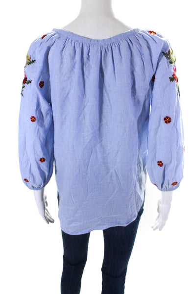 Velvet Women's Round Neck Embroidered Long Sleeves Blouse Blue Size XS