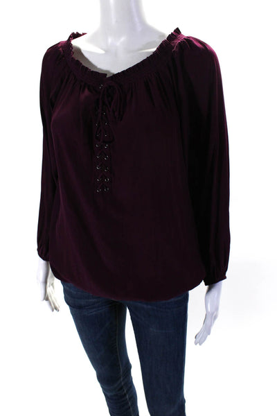 Ramy Brook Women's Boat Neck Long Sleeves Lace Up Blouse Burgundy Size S