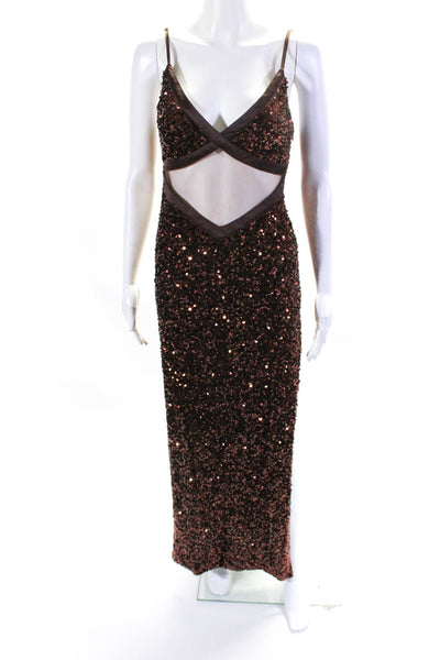 Meshki Women's V-Neck Sheer Trim Spaghetti Straps Sequin Maxi Dress Brown Size M