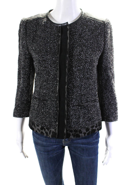 Elie Tahari Womens Leopard Print Wool V-Neck Zip Up Jacket Coat Black Size 4