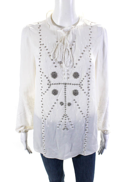Kobi Halperin Womens Silk Crepe Beaded V-Neck Blouse Tunic Top White Size M