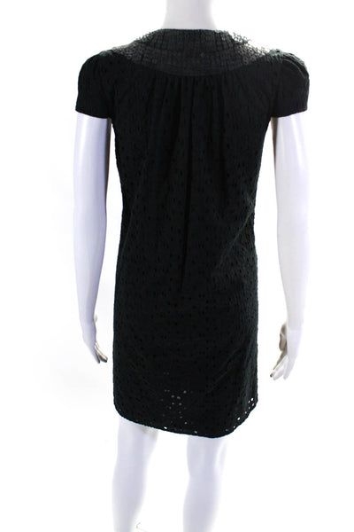 Magaschoni Womens Cotton Eyelet Sequined Collar V-Neck Shift Dress Black Size 6