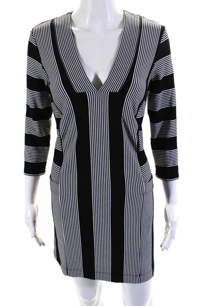 BCBG Max Azria Womens Knit Striped V-Neck Long Sleeve Shift Dress Black Size XS
