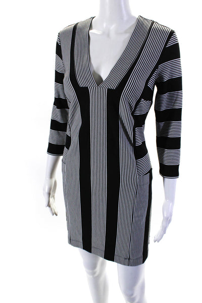 BCBG Max Azria Womens Knit Striped V-Neck Long Sleeve Shift Dress Black Size XS