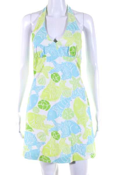 Lilly Pulitzer Womens Open Back Halter Fish A Line Dress White Blue Green Size 2