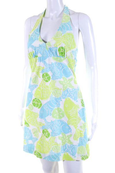 Lilly Pulitzer Womens Open Back Halter Fish A Line Dress White Blue Green Size 2