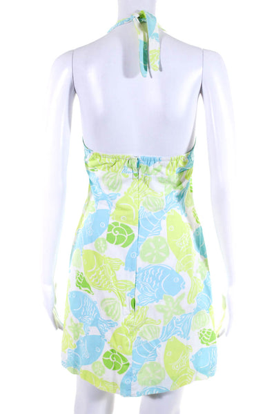 Lilly Pulitzer Womens Open Back Halter Fish A Line Dress White Blue Green Size 2