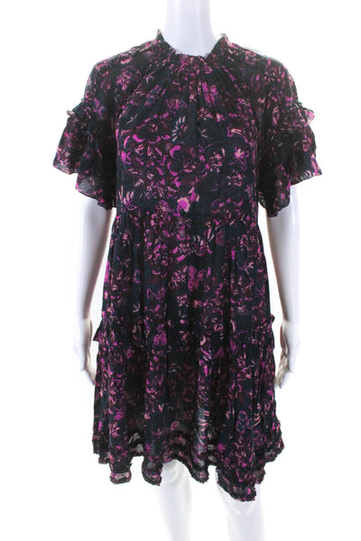 Ulla Johnson Womens Short Sleeve Tiered Floral Shift Dress Blue Pink Size 2