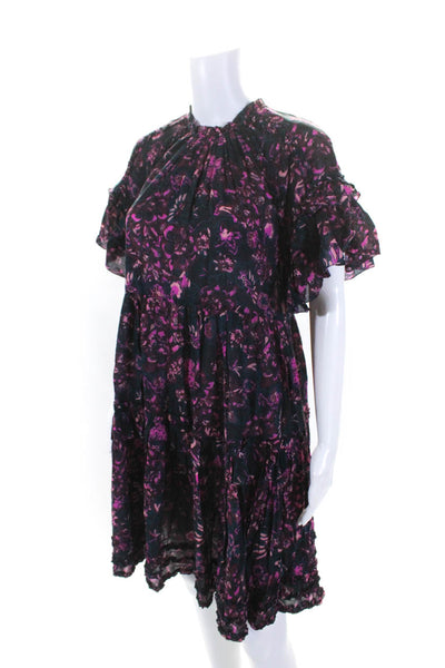 Ulla Johnson Womens Short Sleeve Tiered Floral Shift Dress Blue Pink Size 2