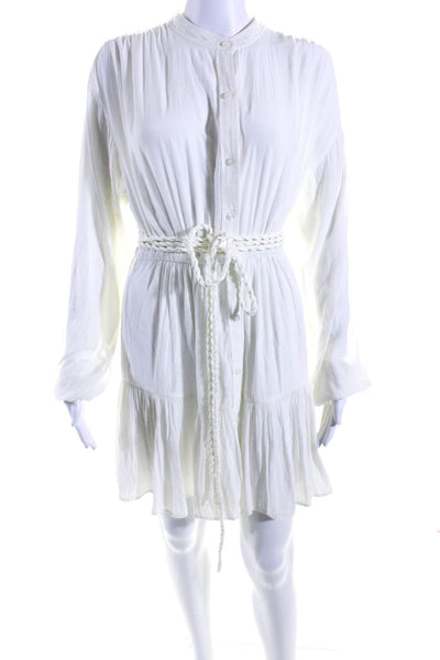 A.L.C. Womens Belted Round Neck Long Sleeve Button Up Dress White Size 4