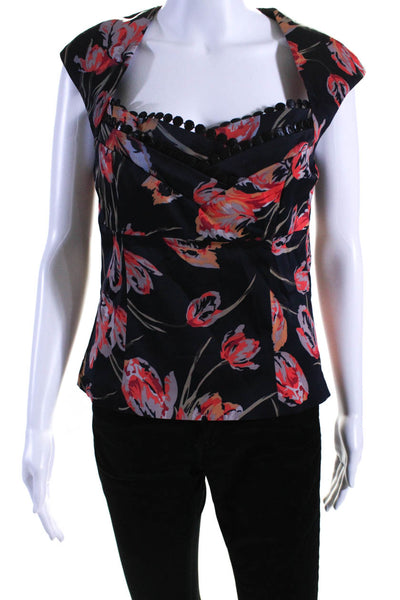 Karen Millen Womens Cap Sleeve V Neck Eyelet Floral Top Black Multi Size 10