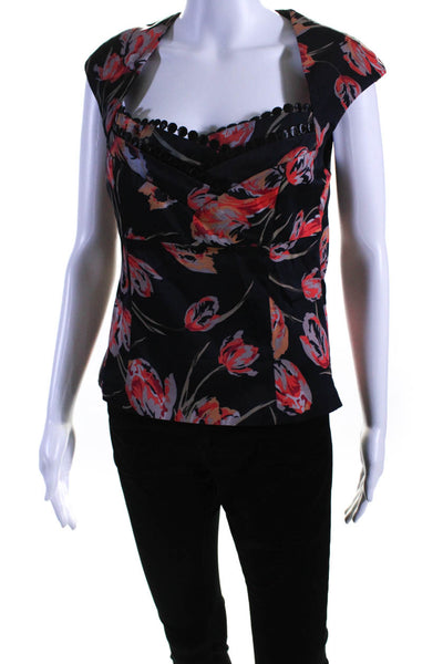 Karen Millen Womens Cap Sleeve V Neck Eyelet Floral Top Black Multi Size 10