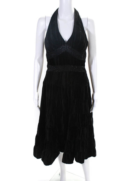 Dusk Womens Velvet Beaded V-Neck Zip Up Tiered Halter Dress Black Size S