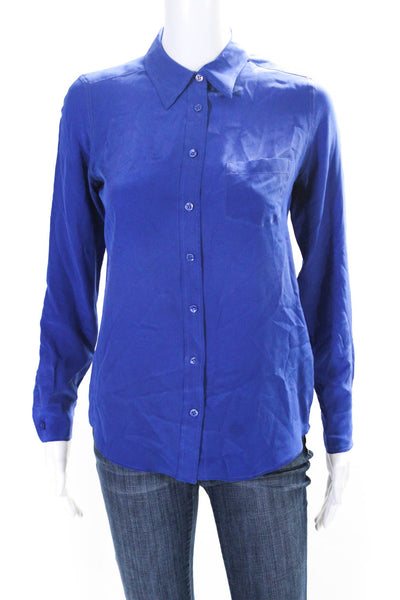 Equipment Femme Womens Silk Long Sleeve Button Up Blouse Top Blue Size XS