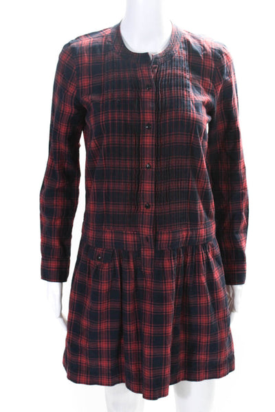 J Crew Womens Cotton Plaid Pleated Long Sleeve Button Up Dress Red Size 0