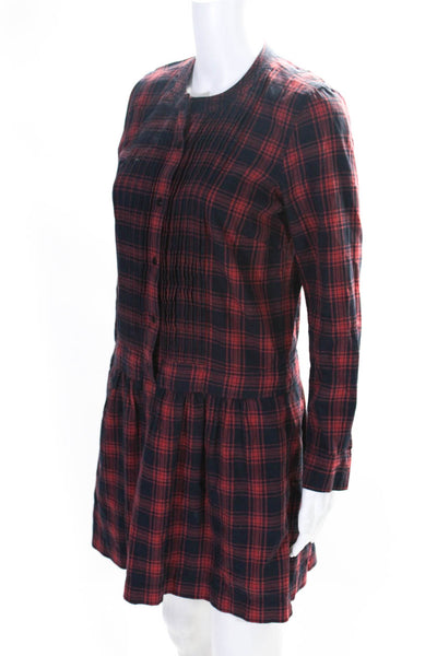 J Crew Womens Cotton Plaid Pleated Long Sleeve Button Up Dress Red Size 0