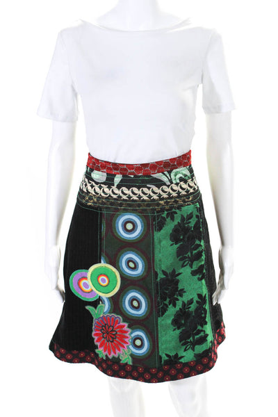 Desigual Womens Lined Embroidered Patchwork Zip Up Skirt Multicolor Size 38