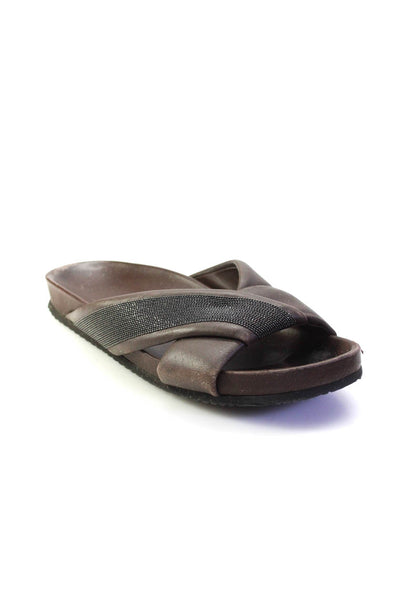 Brunello Cucinelli Womens Monili Bead Crossover Slides Sandals Brown Size 38 8