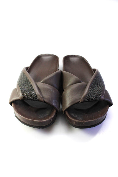 Brunello Cucinelli Womens Monili Bead Crossover Slides Sandals Brown Size 38 8