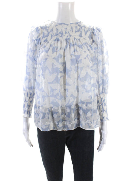 Joie Womens Silk Floral Print Smocked Buttoned Long Sleeve Blouse Blue Size S