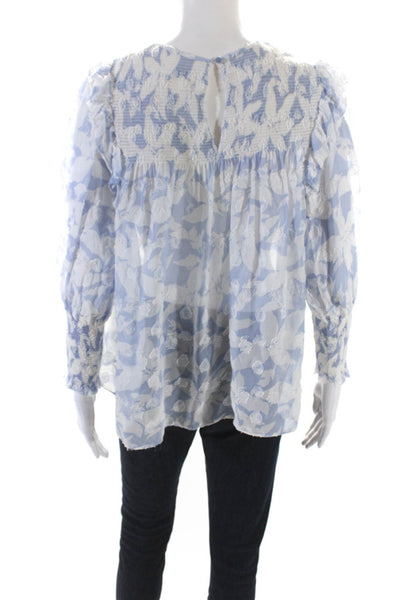 Joie Womens Silk Floral Print Smocked Buttoned Long Sleeve Blouse Blue Size S