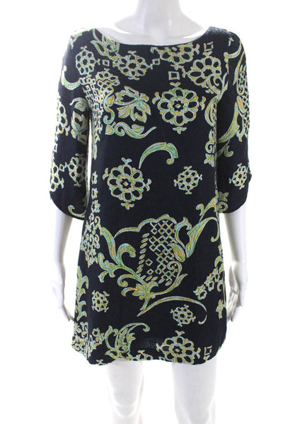 Miss Davenporte Womens Silk Floral Print Round Neck Zipped Dress Navy Size 6