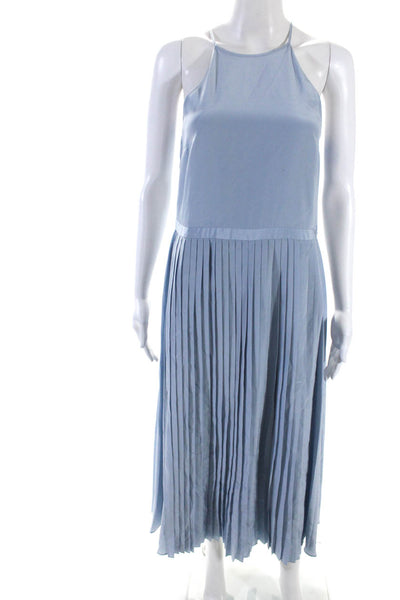 Tibi Womens Silk Pleated Belted Sleeveless Back Zipped Maxi Gown Blue Size 2