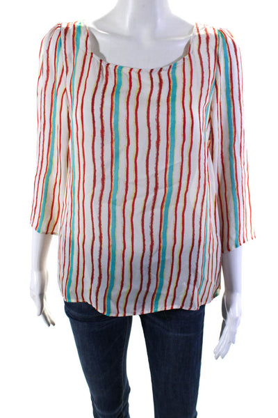 Ellelauri Women's Round Neck Short Sleeves Silk Blouse Multicolor Stripe Size L