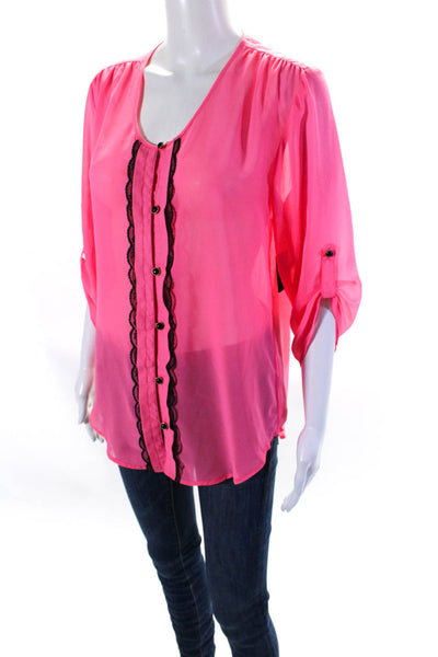 Ellelauri Women's Round Neck Long Sleeves Lace Trim Sheer Blouse Pink Size M