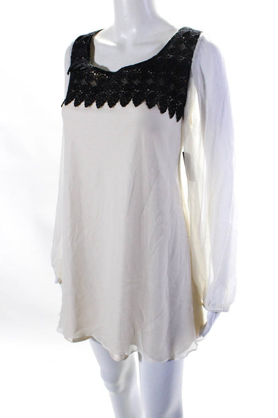 Ellelauri Women's Round Neck Sheer Sleeves Crochet Trim Mini Dress Cream Size M